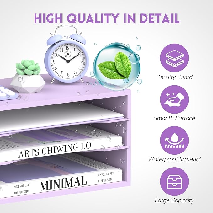 3 Tier Wood Desk Organizer, Paper Organizer for Desk, Purple | Wooden Desktop Organizer for Sorting Papers, Letters and Mails, Literature Organizer for Home Office, Classroom Organization