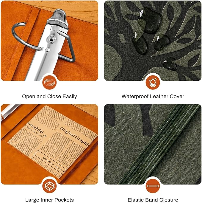 Ovesmusl PU Leather D Ring Binder, 2 Inch Green Tree | Fits 8.5x11 letter paper, holds 550 sheets, inner pockets, loose leaf organizer