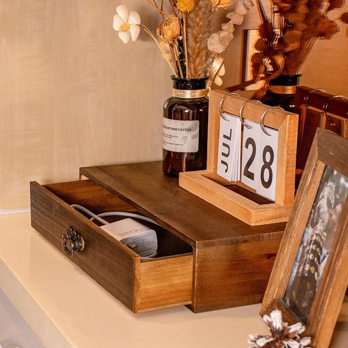 Office Desk Organizer with Drawers Light Brown Vintage Wood Desktop Storage Box Workspace School Supplies Farmhouse Kitchen Countertop Organizer Makeup Storage Box for Home Toiletries Supplies Vanity