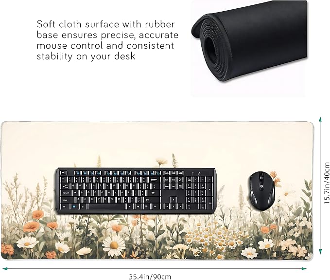 Floral Aesthetic Wildflower Gaming Mouse Pad, Beige Vintage Botanical Desk Mat with Anti-Slip Base & Stitched Edges, Office & Home Desk Decor for Women, 35.4" x 15.7" in Computer Desktop Mat