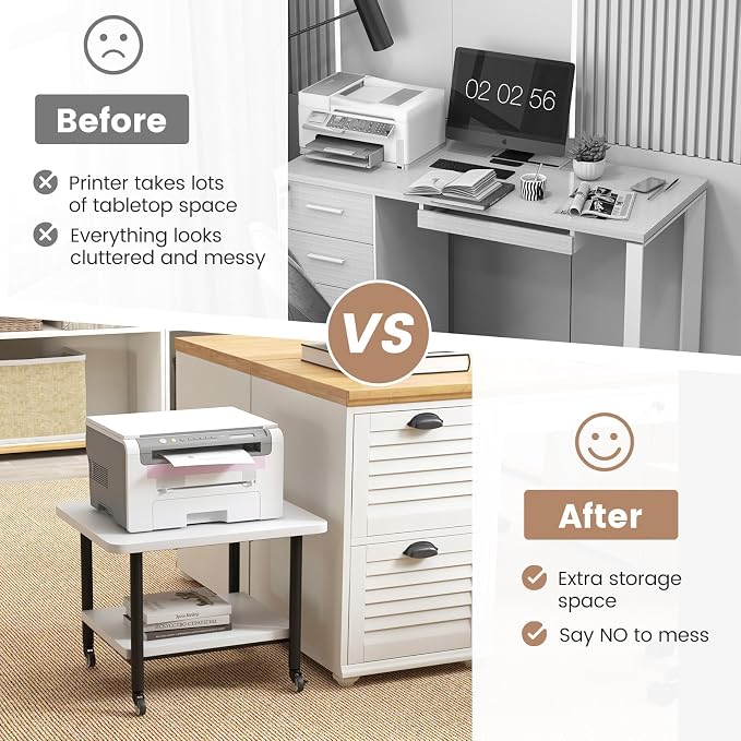 Tangkula Printer Stand with Storage, Under Desk Printer Table with 4 Wheels & Locking Mechanism, 2-Tier Rolling End Table Storage Rack for Bedroom, Living Room, Study