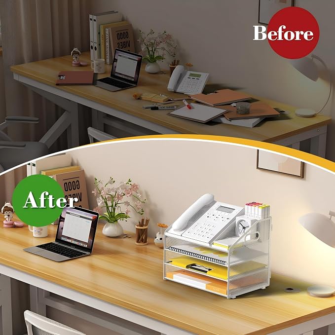 4 Tier Mesh Desk Organizer with Pen Holder and Handle Letter Tray | Metal desktop document shelf and paper sorter. Premium mesh workspace storage for office, home, and classroom