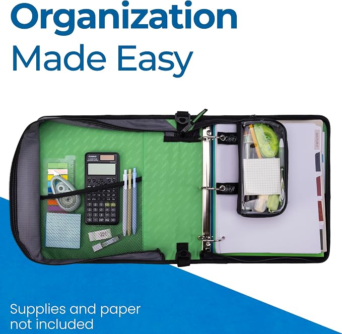 Case-it School Zipper Binder | 2" O-Rings | 350-Sheet | D-251 Canopy Green | Classic, Multiple Storage Pockets, Shoulder Strap, School & Office Organizer, 6-Pack