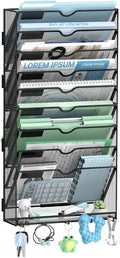 10-Tier Wall File Organizer with 5 Hooks, Wall Mounted Mail Organizer | File Holder Organizer, Metal Mesh Office Wall Organizer for Home, School & Classroom