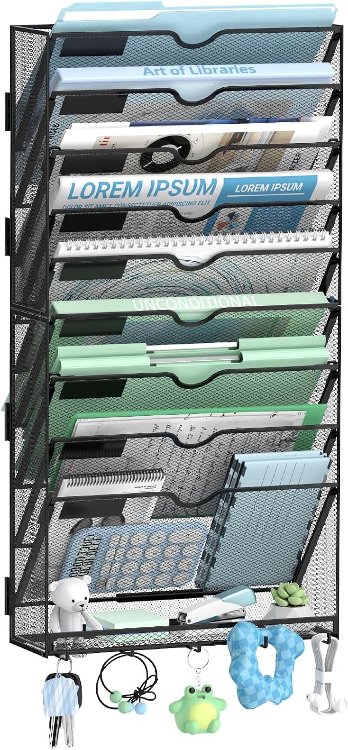 10-Tier Wall File Organizer with 5 Hooks, Wall Mounted Mail Organizer | File Holder Organizer, Metal Mesh Office Wall Organizer for Home, School & Classroom