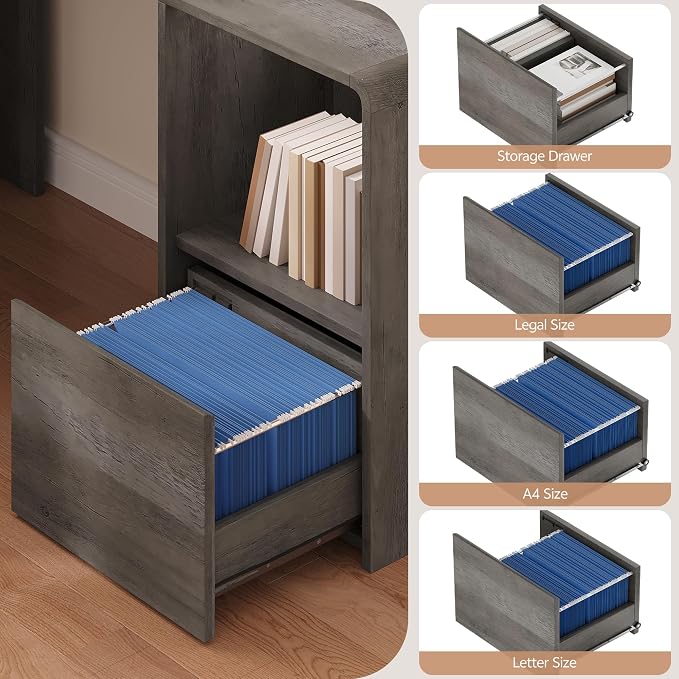 Computer Desk, Grey | Corner Desk w/ Fluted Storage, Sliding Doors, Drawers & 4AC+USB-C. Reversible Fits Any Room Layout For Home Office