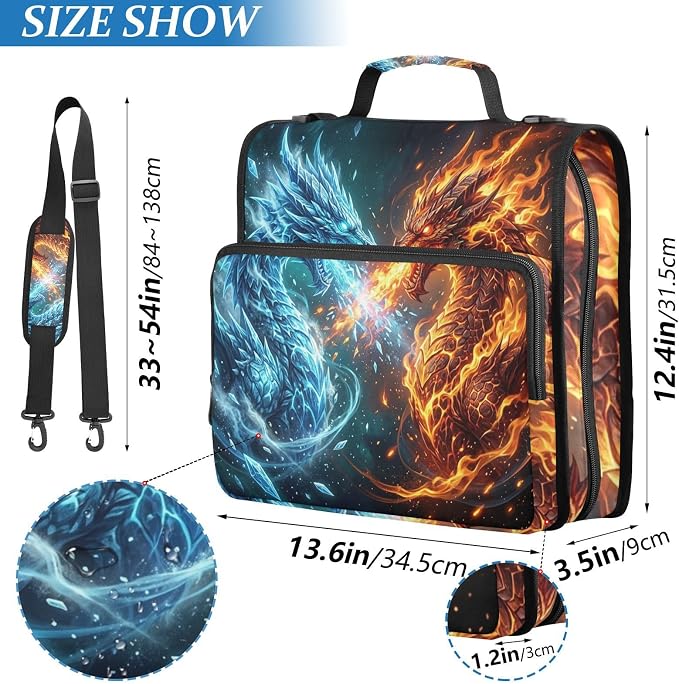 Fire Ice Dragon Print 3 Ring Zipper Binder with Shoulder Strap & Handle 2 Inch D-Ring Zippered Binder Bag with Multiple Pocket & Pencil Pouch, Binder Organizer for School or Office