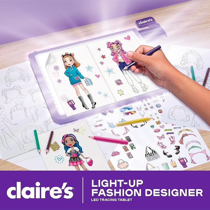 Claire’s Light-Up Fashion Designer LED Tracing Tablet - 330-Piece Arts & Crafts Kit| Fashion Templates, Stickers, Colored Pencils & Paper| Kids Coloring & Drawing Board Activity| Girls Toy Gift|Age 8+