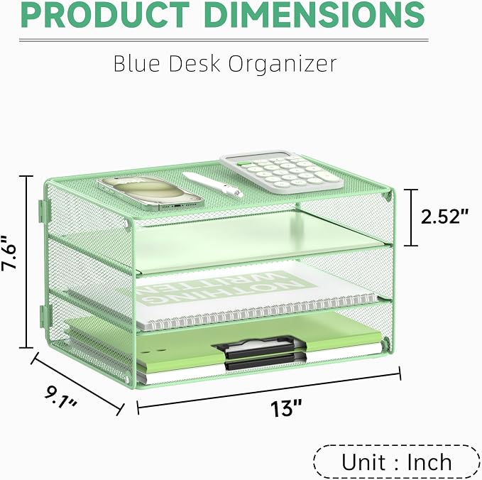 DALTACK 3 Tier Letter Tray Paper Organizer with Sliding Trays Mint Green | Metal Mesh File Organizer with Sliding Trays for Letter and A4 Paper, Mail, Bills, Folders and Office Documents