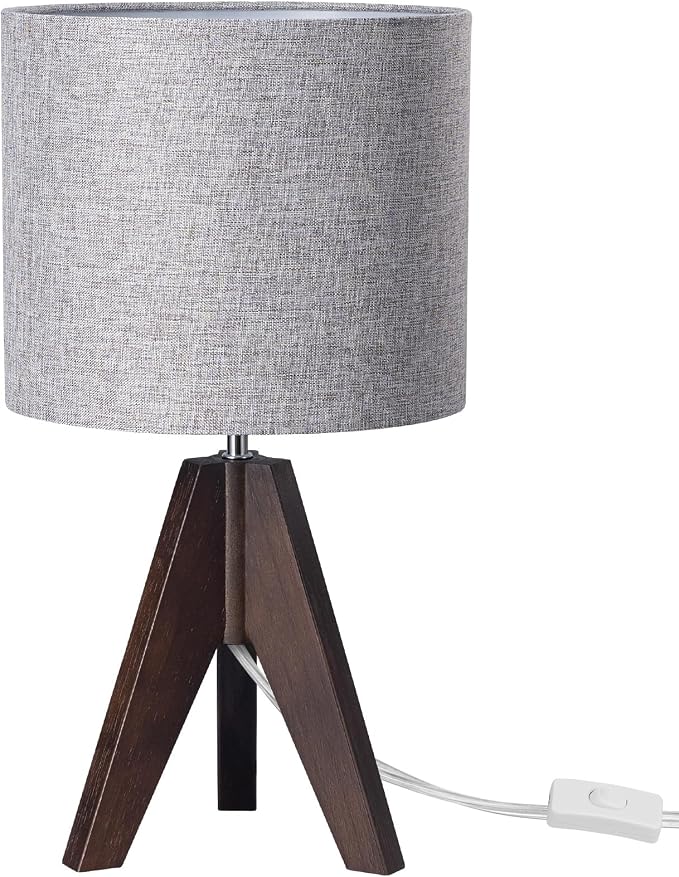 EDISHINE Boho Small Table Lamp, Wood Lamp, Grey Linen Lampshade,14.2 Inch | Walnut Color Tripod Bedside Lamp, Farmhouse Nightstand Lamp for Nursery, Bedroom, Office, Kid Room, Living Room, E26 Socket