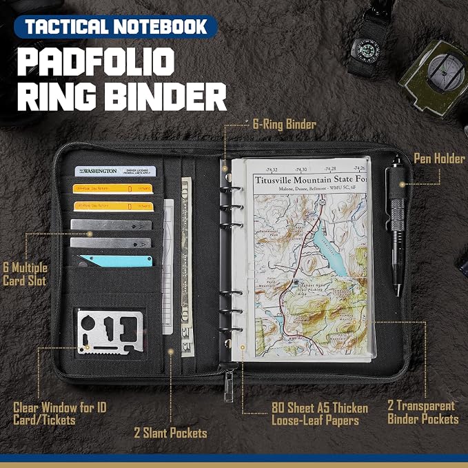 WYNEX Tactical Notebook Padfolio 6 Ring Binder, A5 Refill Paper | M-7.3x10" Zip Hardcover Notebook, 80 Sheets Loose Leaf Paper, 1"O-ring Water-Resistant Planner, for Office College Field Gift