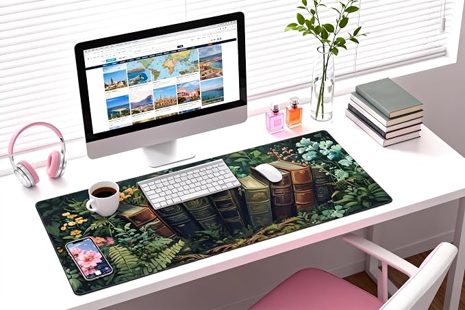 Floral Aesthetic Book Gaming Mouse Pad, Forest Green Moody Forest Desk Mat with Anti-Slip Base & Stitched Edges, Computer Keyboard & Laptop Pad, 35.4" x 15.7" in in Workstation Accessories