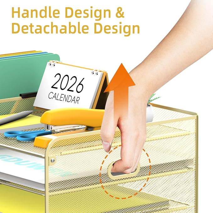 Mesh Desk Organizer with File Holder, 5-Tier Paper Letter Tray Organizer with Magazine Holder, Desktop Organizer and Storage with Drawer for Office Supplies Home or School (Golden) | Two side magazine holders and a bottom drawer store papers, folders, ...