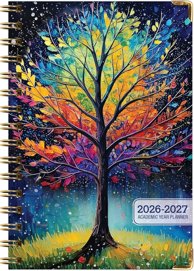 HARDCOVER Academic Year 2026-2027 Planner: 14 Months (May 2026 Through June 2027) 5.5"x 8" Daily Weekly Monthly Planner Yearly Agenda. Bookmark, Pocket Folder and Sticky Note Set (Black Tree Seasons)