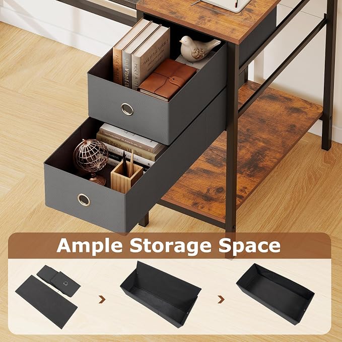 Giantex 48" Computer Desk with 2 Fabric Drawers, Industrial Home Office Desk with Open Storage Shelf, 2-Toned Finish & Metal Frame, Gaming Study Writing Table for Small Space, Bedroom, Black