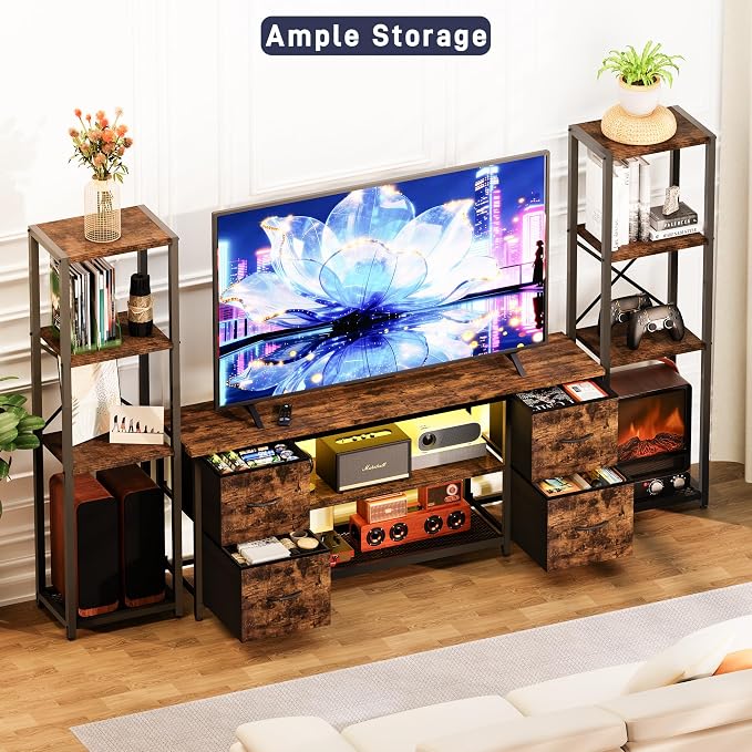 LED TV Stand Bookshelf Combo with Charging Station for 65 60 55 Inch TV, Entertainment Center with Lights & Drawers, Industrial Media TV Console Table for Living Room Bedroom Office, Rustic Brown