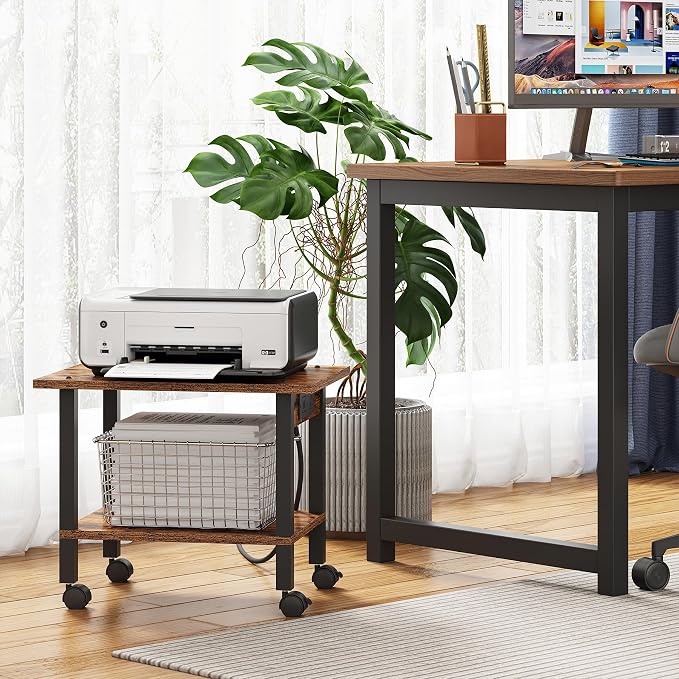 TUTOTAK Printer Stand, 2 Tier Rolling Printer Cart with Charging Station | Small Under Desk Printer Table with Wheels for Small Space, Office, Home, Brown PS01BB001P