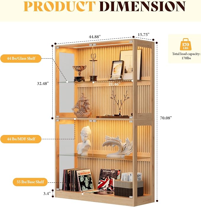 AMERLIFE 45-Inch RGB Display Cabinet with Glass Doors | 70 H x 45 W x 16 D In, 4-Tier Storage, RGB LED Lights, Press-to-Open Doors, for Collectibles, Wood-Grain Slatted Finish