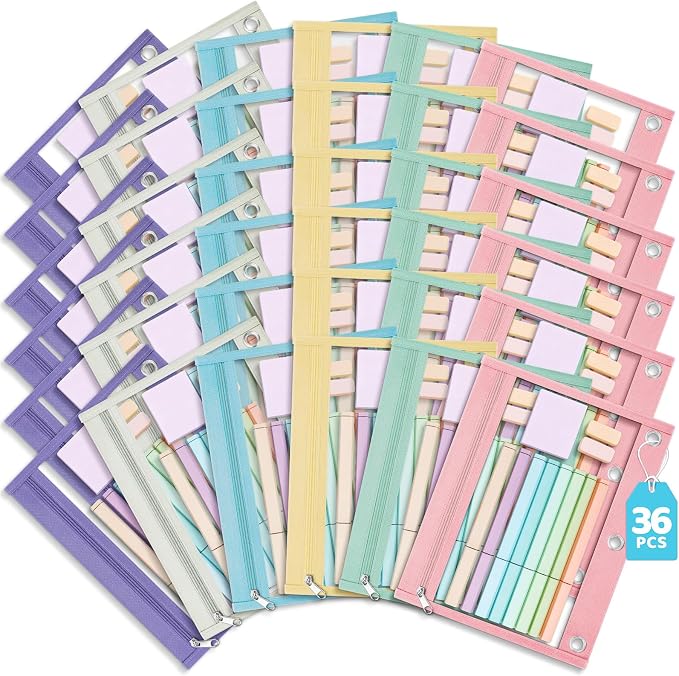36 Pack Pencil Pouch for 3 Ring Binder, Durable Zipper Pencil Bags with Transparent Windows & Colorful Zippers, Multicolor Fabric Pencil Case Pouch Bulk, Office School Supplies (6 Colors)