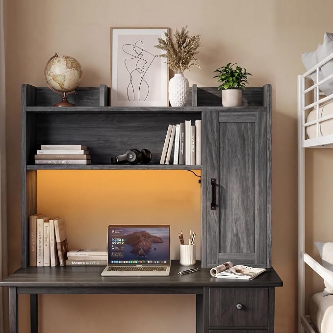 Dorm Desk Hutch, 37.4" Desktop Shelf with 6 Shelves & Power Outlet | Desk Hutch with Drawer & RGB LED Light Over Desk Organizer Desktop Storage Shelf for Dorm Office Home Computer Desk-Grey