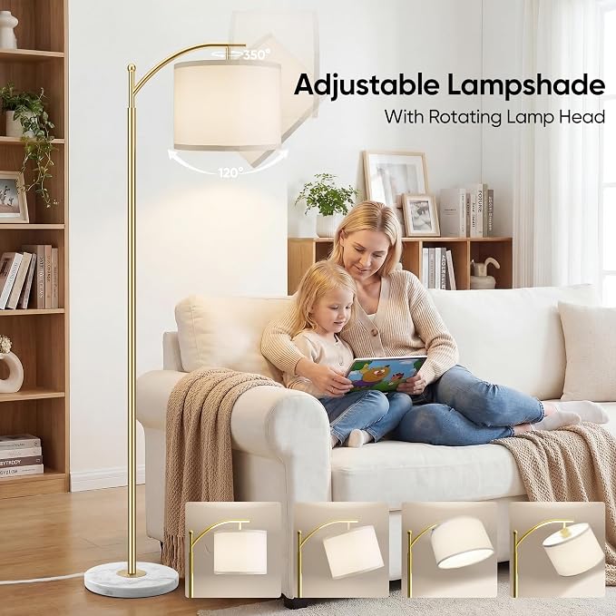 ROTTOGOON Gold Floor Lamp for Living Room with Marble Base, Modern Standing Lamp with 3 Color Temperatures Bulb & Adjustable Linen Shade, Tall Lamp for Bedroom Office Reading Nursery