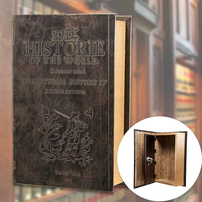Barska Antique Book Lock Box with Key Lock | Steel safe with magnetic closure and key lock for passports, jewelry and cash