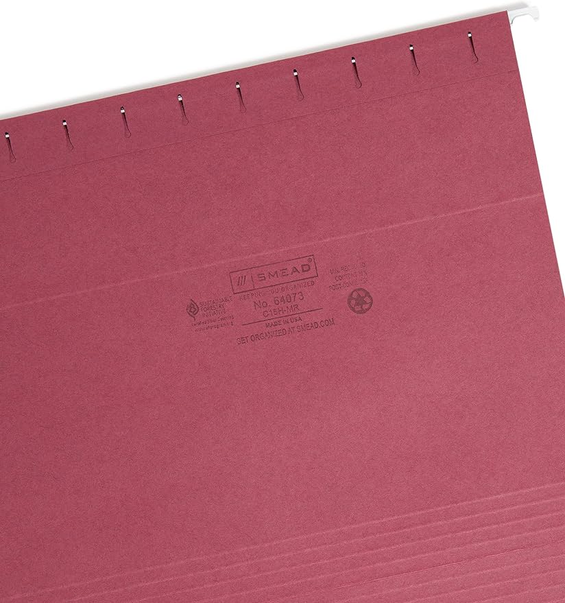 Smead Colored Hanging File Folder with Tab, 1/5-Cut Adjustable Tab, Letter Size, Maroon, 25 per Box (64073) (Pack of 1)