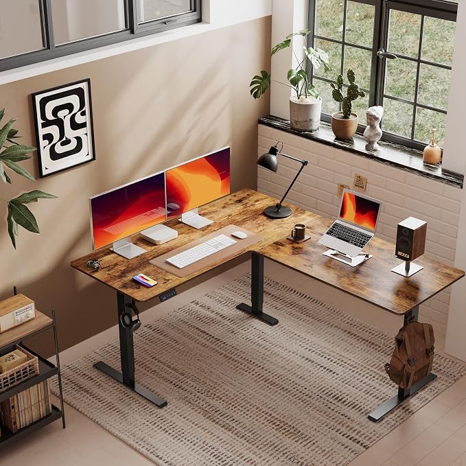 Cubiker L Shaped Standing Desk - 63 x 55 Inch Electric Adjustable Height Corner Standing Desk, Ergonomic Sit Stand Up Table, Splice Board for Home Office, Rustic Brown