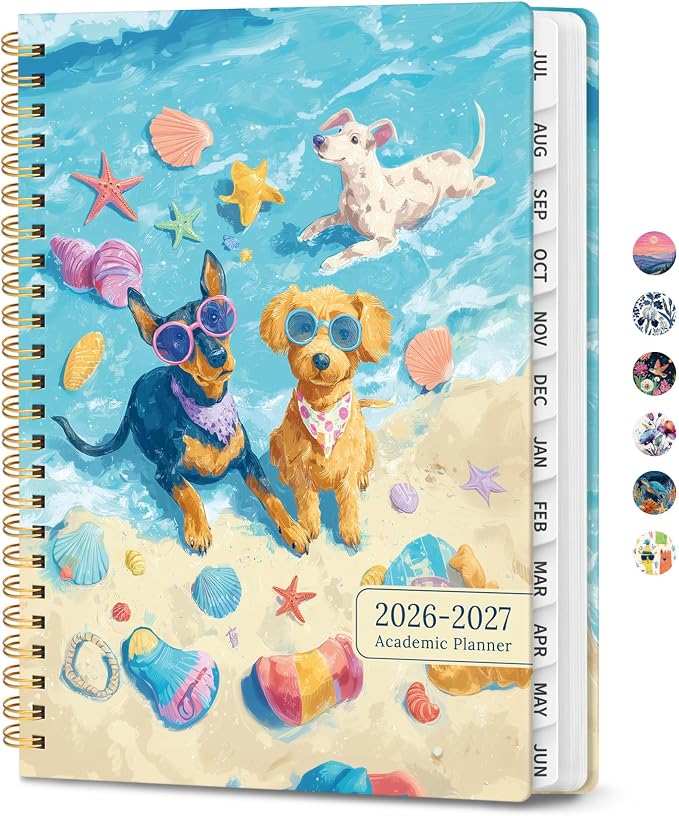 Planner 2026-2027, Academic Year Monthly & Weekly Planner Caledndar, July 2026 - June 2027, Hardcover Large Planning Agenda Book with Tabs for School Office Supplies, 8.5" x 11" - Beach Pups