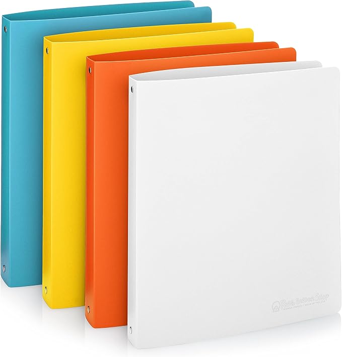Premium Economy 3 Ring Binder, 1 Inch Pull-Open Round Rings, Holds 175 Sheets, Flexible, Lightweight, 4-Pack, Side Opening, Multi-Color—White, Blue, Yellow, Orange