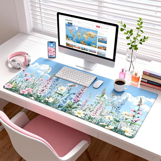 Cute Floral Aesthetic Wildflower Gaming Mouse Pad, Sky Blue Anime Desk Mat with Anti-Slip Base & Stitched Edges,35.4" x 15.7" in Desk Accessories for Women, Home Office Decor & Artistic Gift
