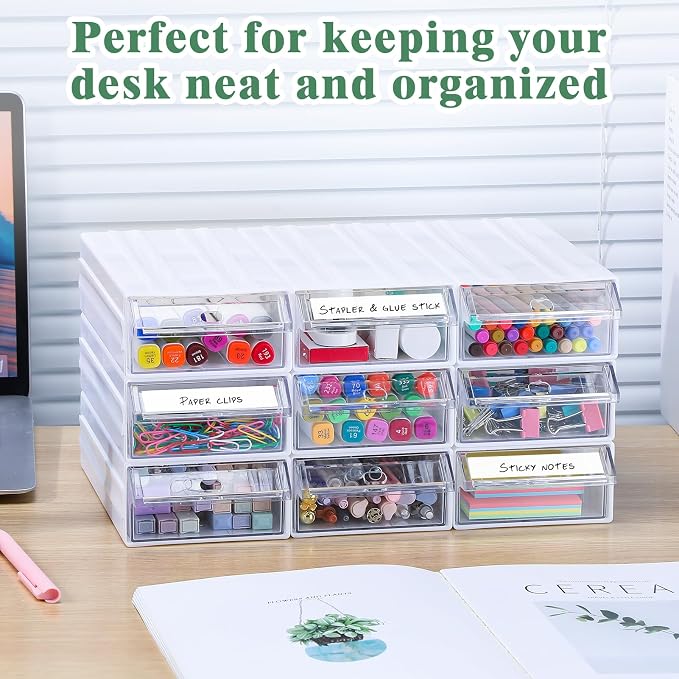 9 Pcs Stacking Office Drawer Organizers - Desktop & Wall Mounted 9 Drawer Storage Closet with 18pcs Clear Dividers Multifunctional Organizer Rack with 9pcs Tag Card for Home Small Items | Track to Lock into Each Other, Stackable without Slipping, 8.7"D...