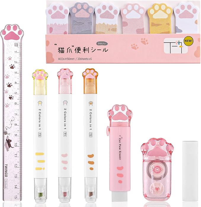 8 Pcs Cute Cat Paw Stationery Set Kawaii School Office Supplies Including Eraser Correction Tape Highlighters Sticky Notes Ruler for Cat Lovers Students (Pink)