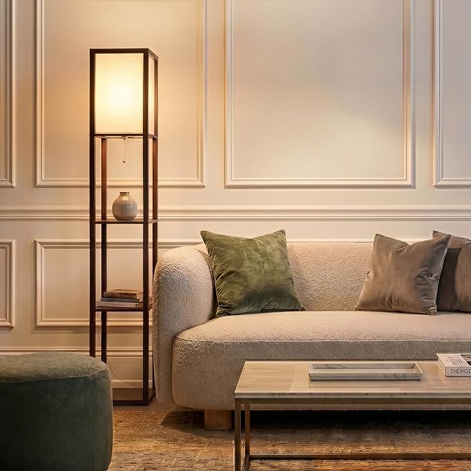 Brightech Maxwell - Modern Shelf Floor Lamp with Lamp Shade & Warm White LED Bulb, Corner Display Floor Lamp with Shelves for Living Room, Bedroom, Nightstand Office, Home Decor Storage - Havana Brown