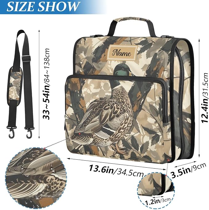 Custom Mallard Ducks Camouflage 3 Ring Zipper Binder with Handle | 1.5 inch Binder Organizer 2 inch Binder Organizer, Multi Pockets Office File Folder with Shoulder Strap 500 Sheet Capacity