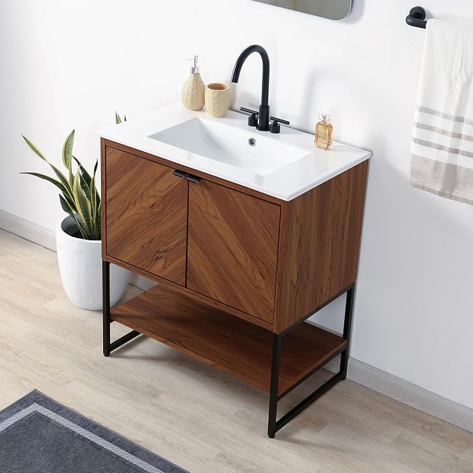 JONATHAN Y Juhl 30" Chevron Freestanding Bathroom Vanity Cabinet, Walnut | Modern Minimalist Design, 18" Deep 33" Tall, 2 Soft-Close Doors, Interior And Open Shelves, Sink Not Included