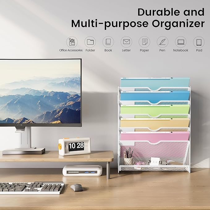 Hanging Wall File Organizer 6-Tier Wall Mount Mail Organizer | Desk Paper Organizer, Sleek White Metal File Folder Holder for Office, Cubicle, Bedroom | All-in-One Document Storage Shelf