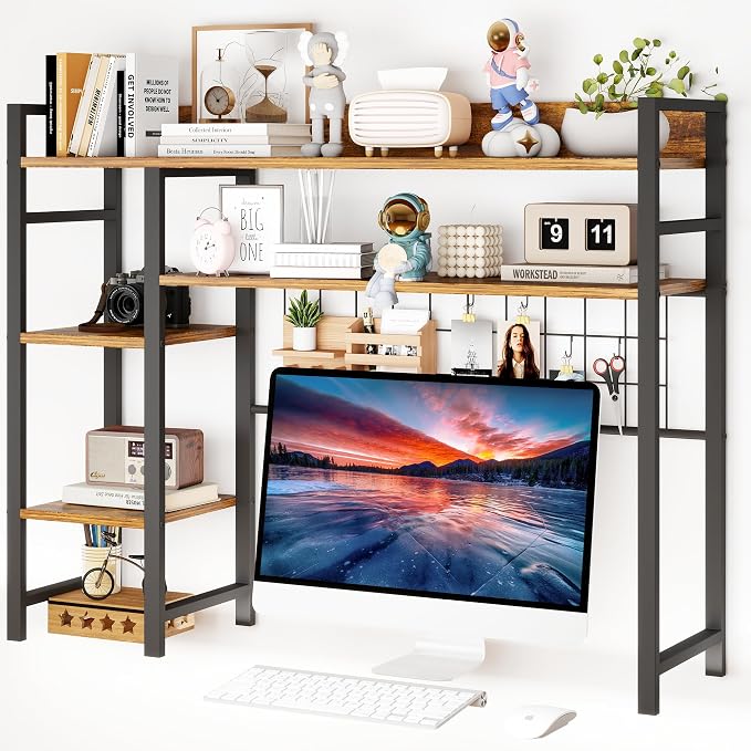 WAYTRIM Desk Shelf, Wood Desk Organizer Shelf 4 Tier Countertop Desktop Bookshelf Cubicle Storage Rack Top of Desk, Desk Hutch Dorm for Top of Desk Pegboard Hooks Set Desktop Display Rack (Brown)