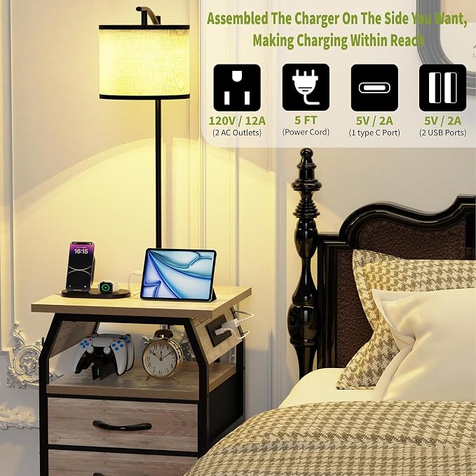 runjuly Floor Lamp with Table Set of 2, End Tables with Lamps Attached 3-Color Temperature Bulb, Side Table with Lamp with 3 Drawers & Charging, Lamps Tables Combo for Bedroom, Dorm Apartment - Greige