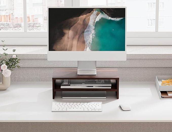 FITUEYES Wooden Monitor Stand Riser, 2-Tier Desk Storage Shelf, Brown | 16.7-Inch Desktop Organizer Fits Laptop, Computer Screen and Office Supplies