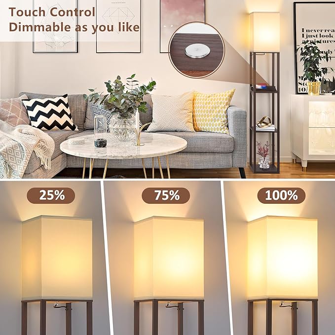Floor Lamp with Shelves Touch Control Charging USB Type C Brown | 3-Tier Modern Square Bookshelf Lamp, Corner Standing Light with Power Outlet Dimmable LED for Living Room Bedroom Office