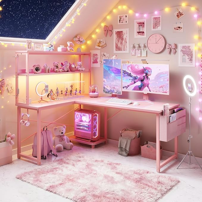 AODK L Shaped Desk Gaming Desk with LED Light & Power Outlet | 53 Inch Pink Reversible L Shaped Computer Table with Shelf & Storage Bag & Hook for Home Office