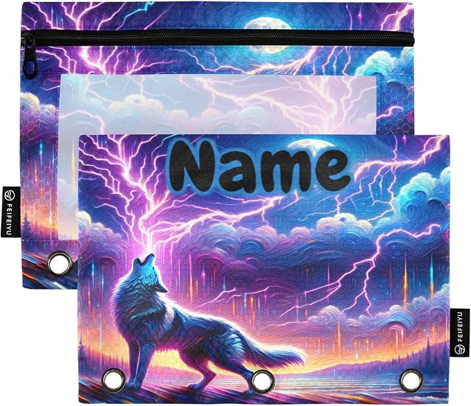 Custom Wolf Howling in Moon Night Pencil Pouch for 3 Ring Binder, 2 Pack Personalized Name Waterproof Pencil Bags Clear Window Pencil Case School Office Supplies