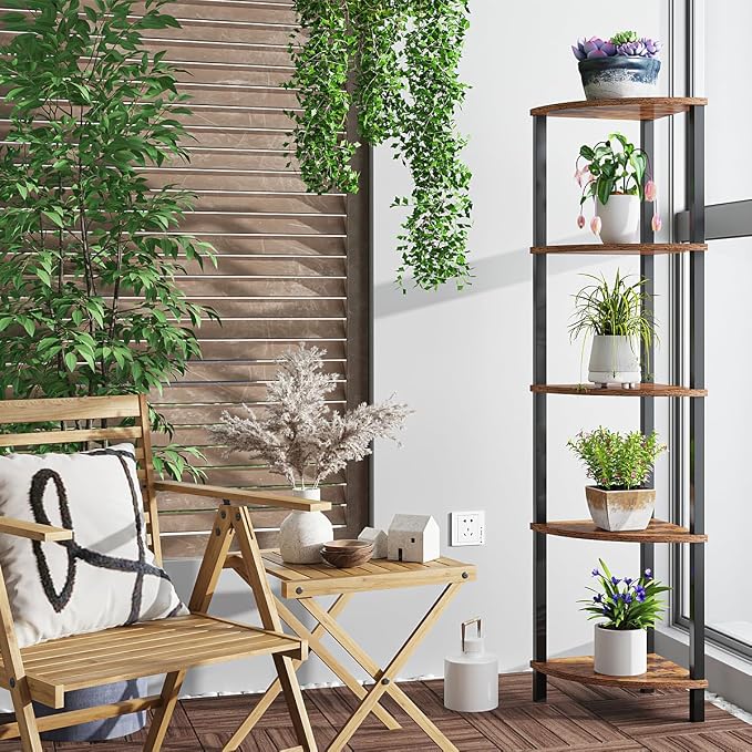 VIMBER Corner Shelf, 5-Tier Corner Bookshelf, Industrial Corner Ladder Shelf, Rustic Display Shelf for Living Room, Bedroom, Kitchen, Home Office, Rustic Brown and Black UJSJ001H