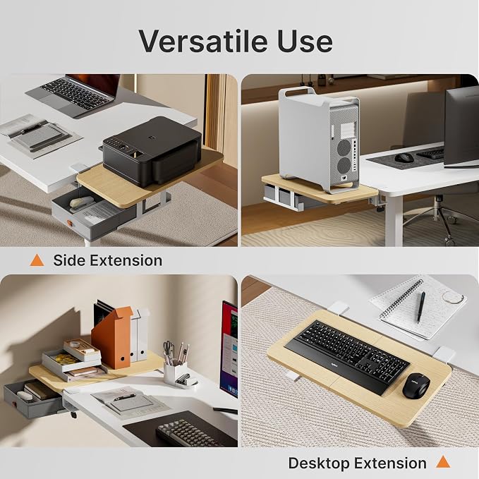Desk Extender Tray, 24" x 12", with Storage Drawer, Medium, Wood | Desk Extension, Clamp on Desk Shelf, Clamp On Keyboard Tray for Office and Home, Workstation Organizer