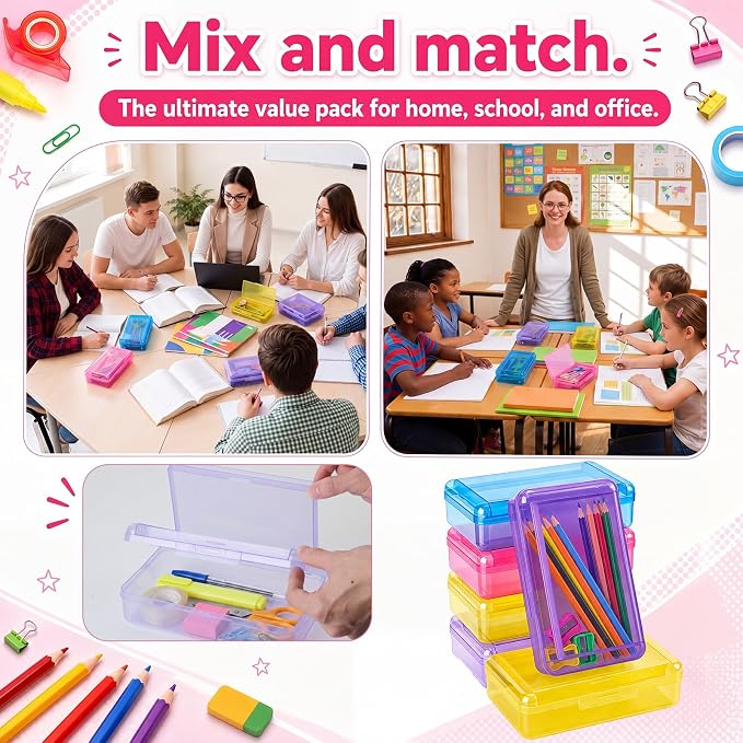 12 Pack Double Layer Large Pencil Box, Clear Plastic Hard Pencil Case with Snap Lid, School Supply Organizer Box for School Office Classroom Home Supplies(Classic Colors)