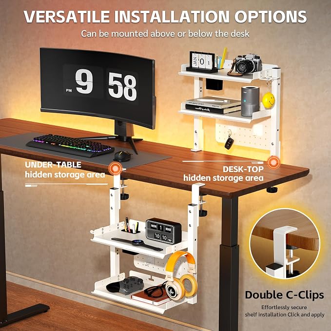 Metal Clamp On Desk Shelf,Storage Shelves with Pegboard and Pencil Holder | 2-Tier Adjustable 16 inch Above or Under Heavy Duty Desktop Organizer with Headphone Holder for Desk Accessories (White)