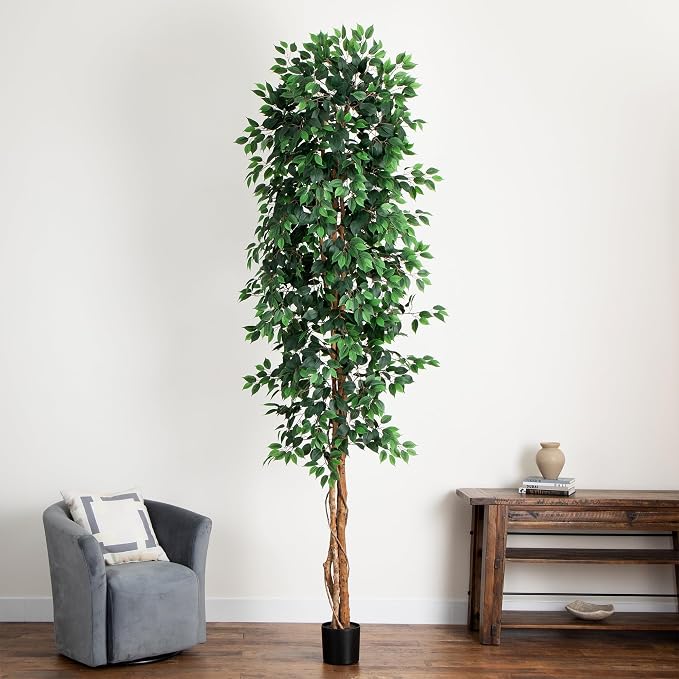 Nearly Natural 10 ft Artificial Ficus Tree Planter Floor Plant | Nature-Inspired Trunk, More than 1500 Lifelike Leaves, Black Nursery Planter Included, Office and Living Room Foyer Decor