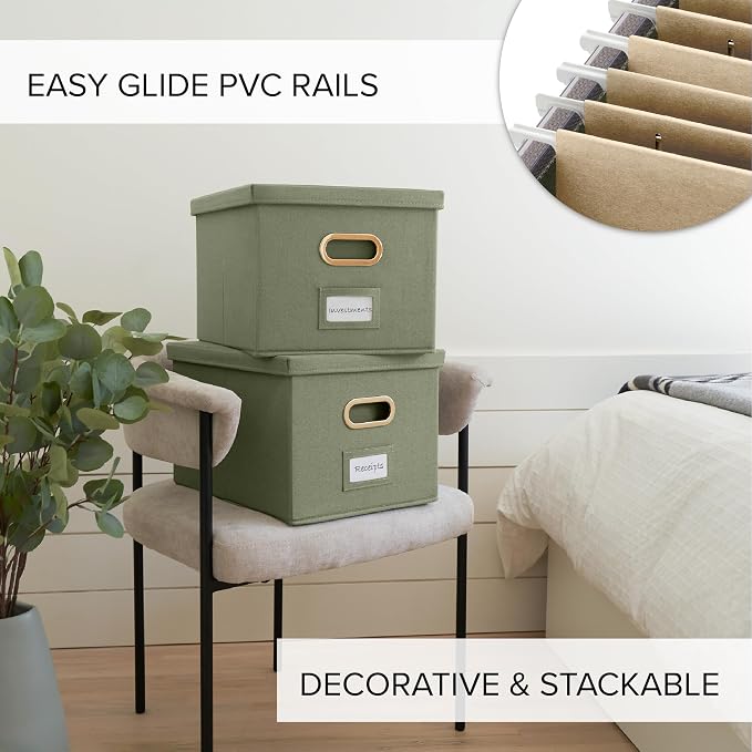 Decorative File Organizer Box Set of 2 - Collapsible Linen Filing Cabinets | Stores Documents and Hanging File Folders - Portable Office Crates with Lid and Handles for Easy Slide Access