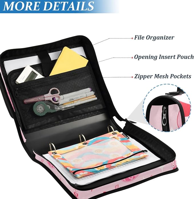 Fisyme Pinks Western Cowgirl Boots Zipper Binder 3 Ring with Zipper and Shoulder Strap Large Capacity Multi-Pocket Zipper Binder Organizer